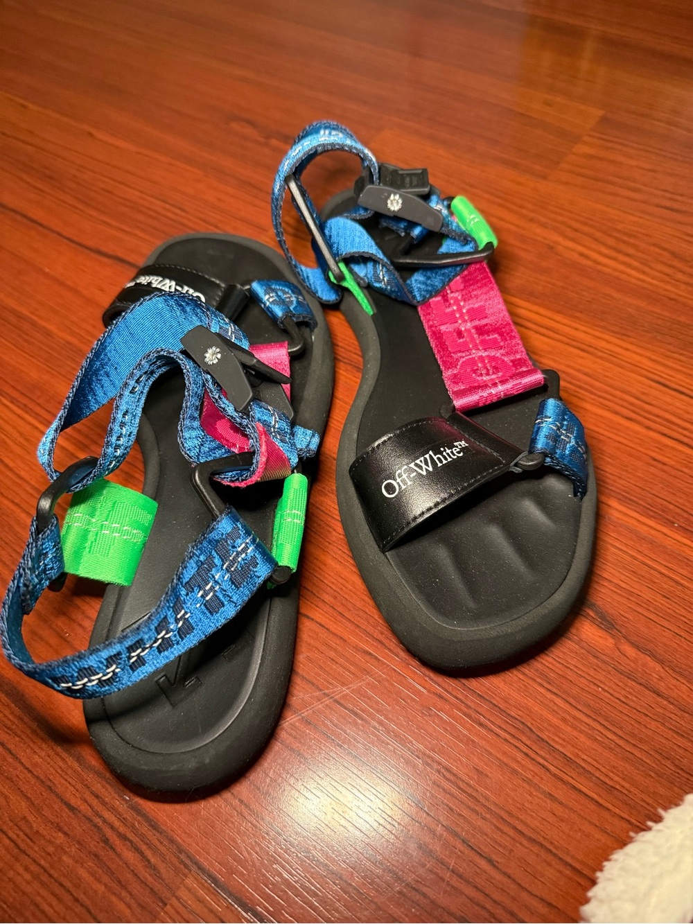 Off-White women Black Footbed Blue and Pink Strap Sandals with Green Accents - Picture 3 of 3